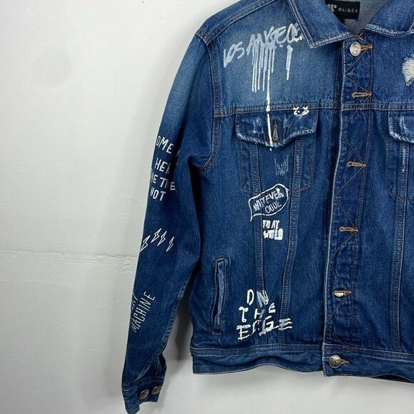 WAIMEA Men's Distressed Graphic Denim Jeans Jacket size Small - Picture 3 of 13